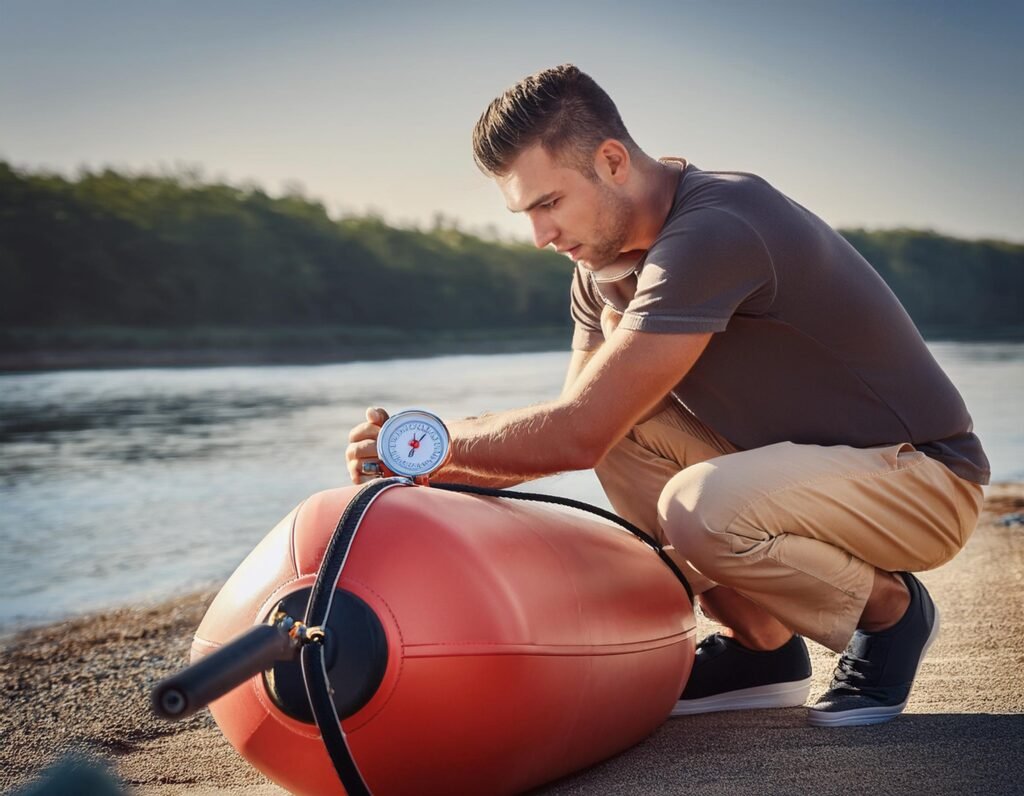 A person inflates an inflatable boat fender, ensuring it is fully pressurized before testing its buoyancy.