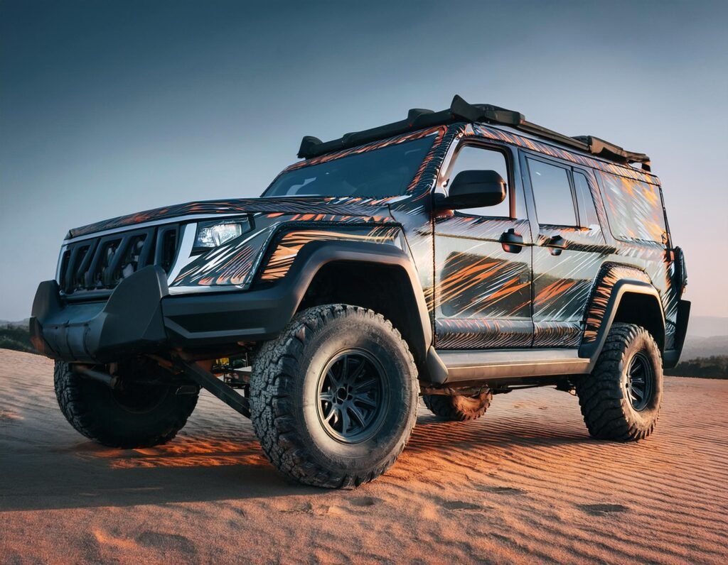 A Jeep fully wrapped in a striking custom design with bold orange and black patterns, perfect for off-road adventures in rugged environments