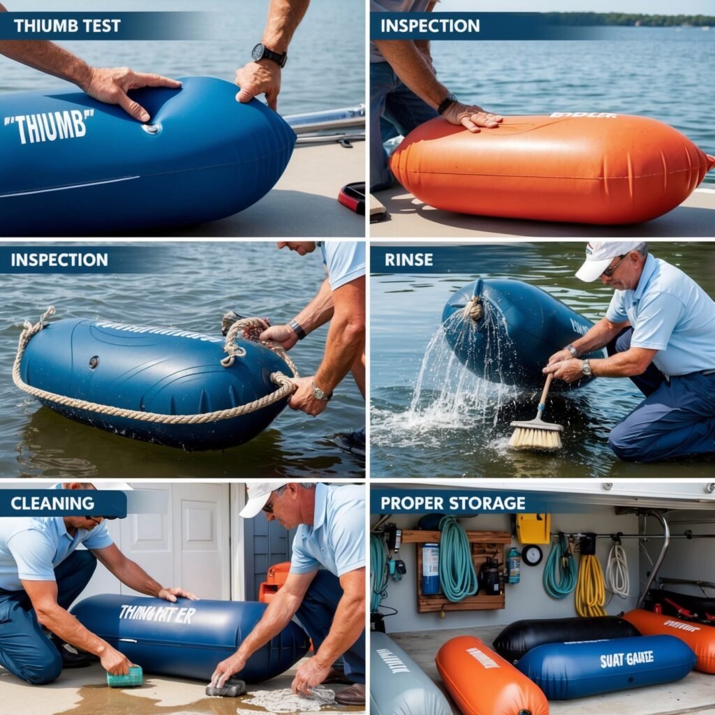 scene of a boater performing maintenance on boat fenders