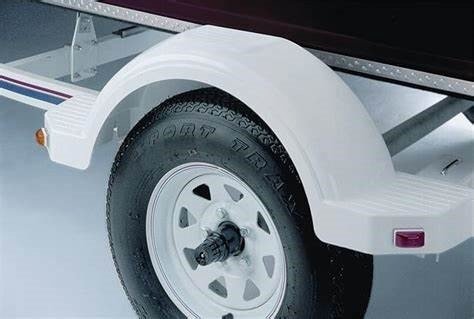 Single axle trailer with a white plastic fender, featuring a built-in step and reflective light for added safety and functionality.