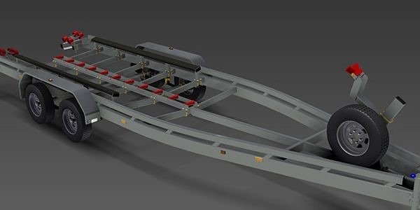  boat trailer frame with tandem axle, metal fenders, and adjustable support structures, designed for securely transporting boats