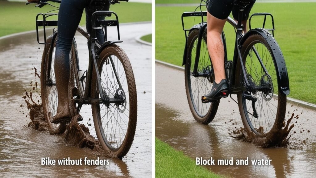 A comparison image showing two bikers, one without fenders and other with fenders on