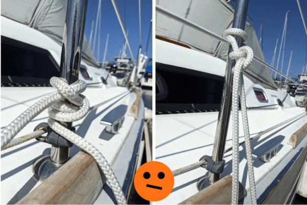 Two images showing an incorrectly tied cleat hitch on a sailboat: the first image is a close-up of the knot, the second image shows the knot in context on the side of a sailboat. A red frowning face emoji is included in the second image to indicate disapproval.