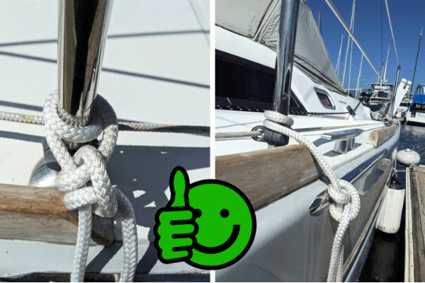 Two images showing a cleat hitch tied to a sailboat: the first image is a close-up of the knot, the second image shows the knot in context on the side of a sailboat. A green thumbs-up emoji is included in the second image to indicate approval.