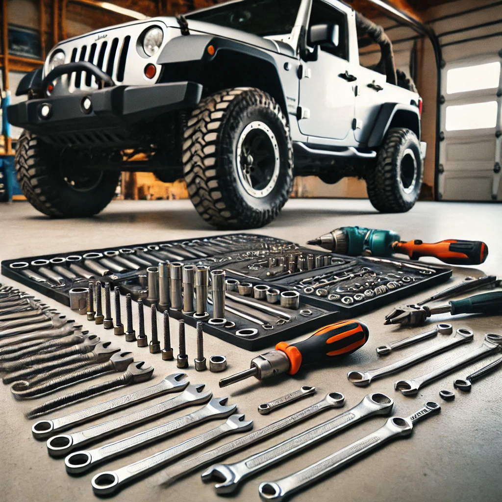 A set of tools for a Jeep wrangler fender installation.