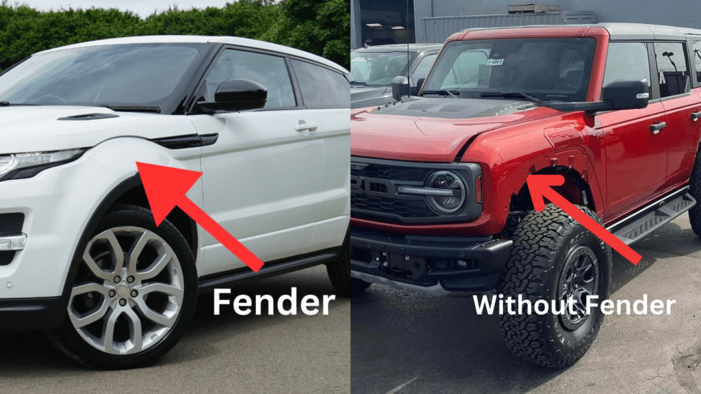 Comparison of a car with and without fenders, showcasing the necessity of fenders required on cars for protection