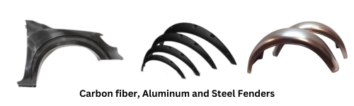 arbon fiber, aluminum, and steel fenders displayed, illustrating the variety available for cars where fenders are required
